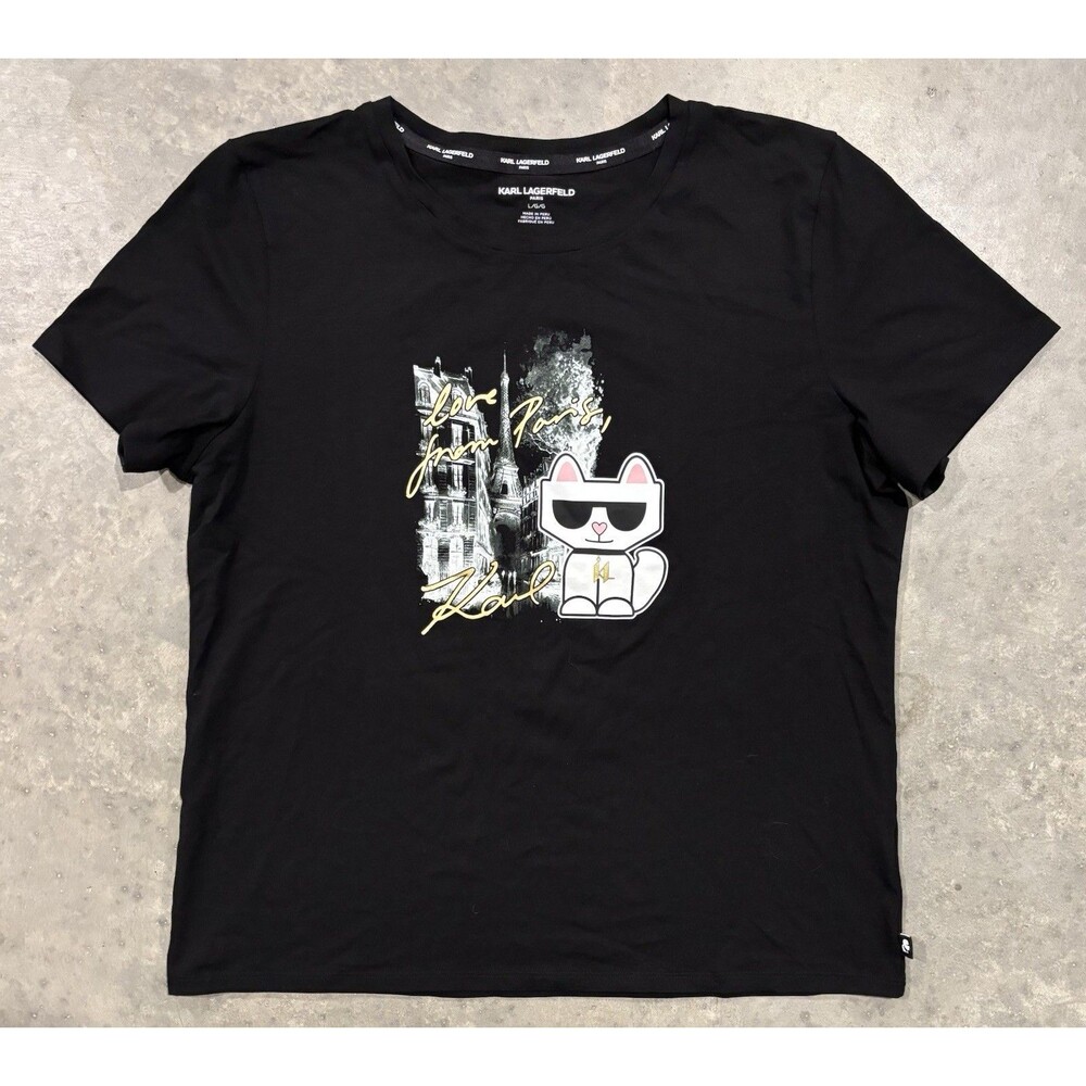 Karl Lagerfeld Paris Women's Large Short Sleeve Black Shirt Choupette Cat